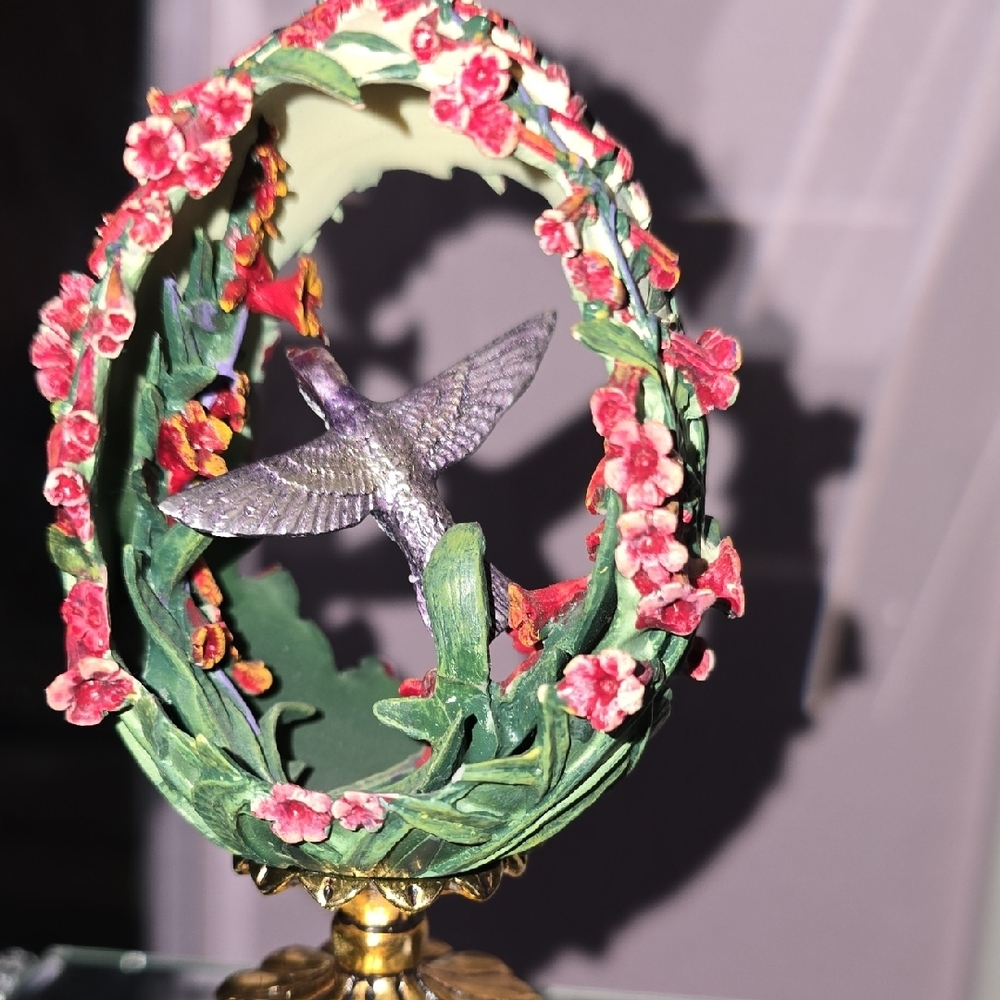 Hand-Painted EGG w/ Hummingbird Floral Figurine on Gold Pedestal